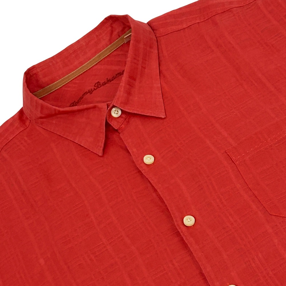 Tommy Bahama Shirt Mens XXL Red 100% Linen Short Sleeve Tonal Stripe Button Up